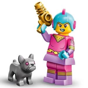 Retro space girl with bulldog lego minifigure